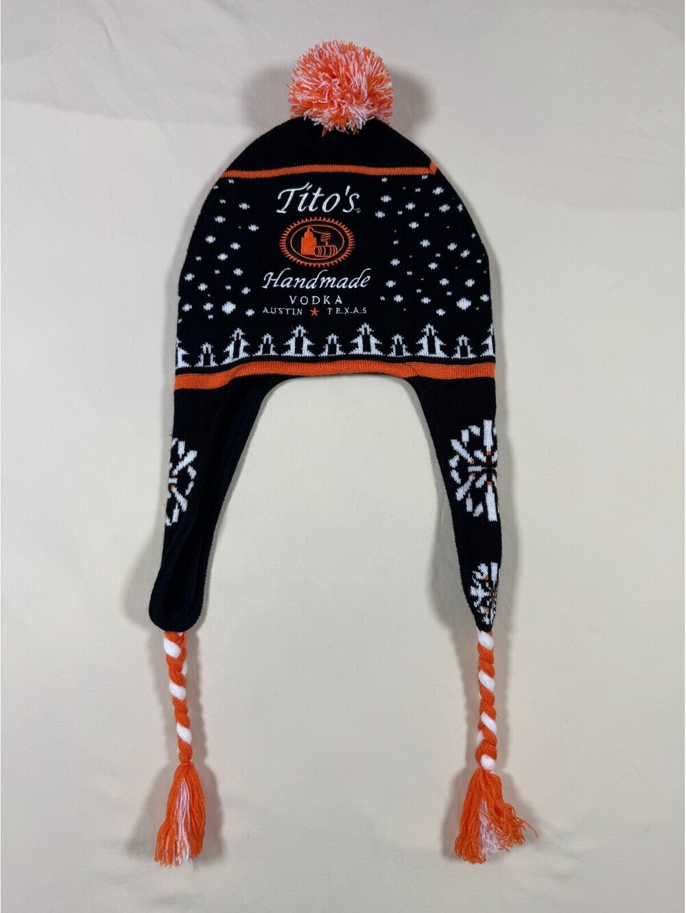 Tito's Handmade Vodka Winter Hat Adult Beanie Tassel Pom Ear Flap